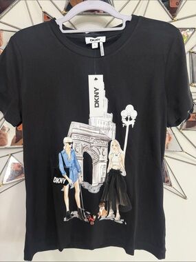 DKNY Black Graphic Tee with Blue and White Accents
